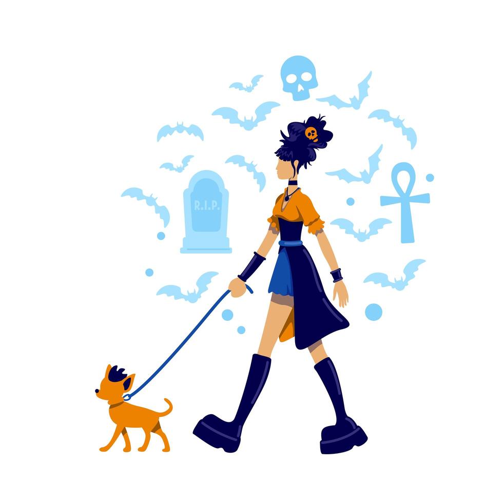 Gothic girl walking dog vector