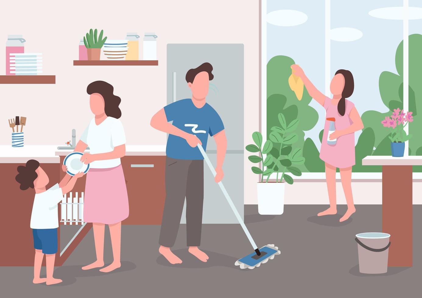 Spring cleaning with the family vector