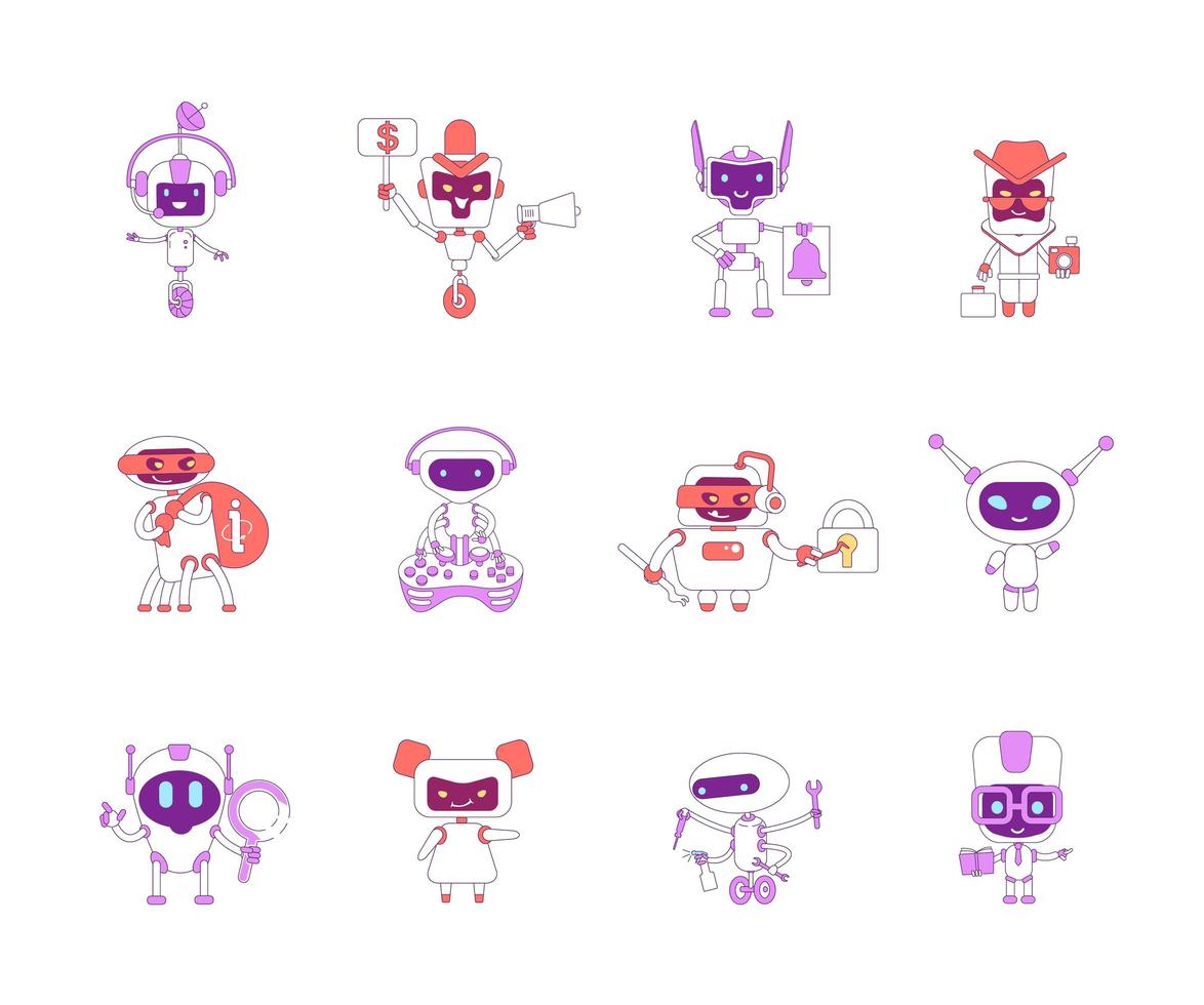 Robots conjunto de objetos lineales rojo y violeta. vector