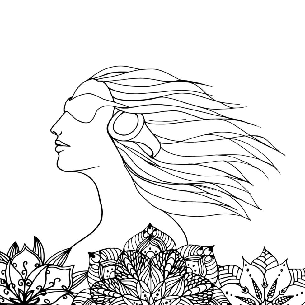 Woman listens music in flowers. vector