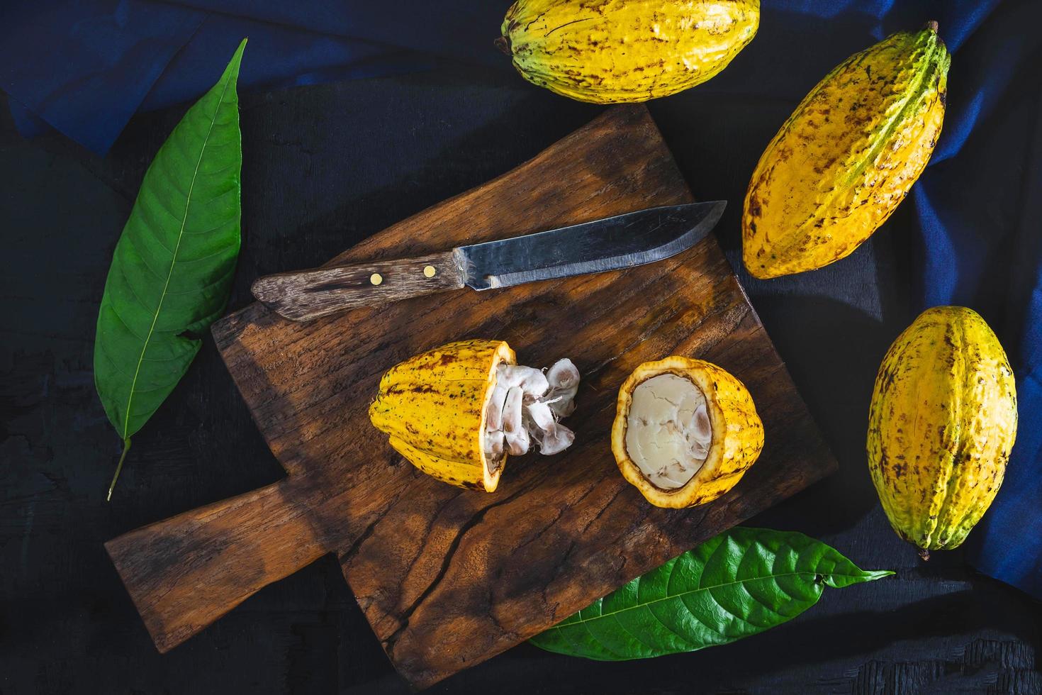 Cut cocoa fruit on a wooden chopping board. photo