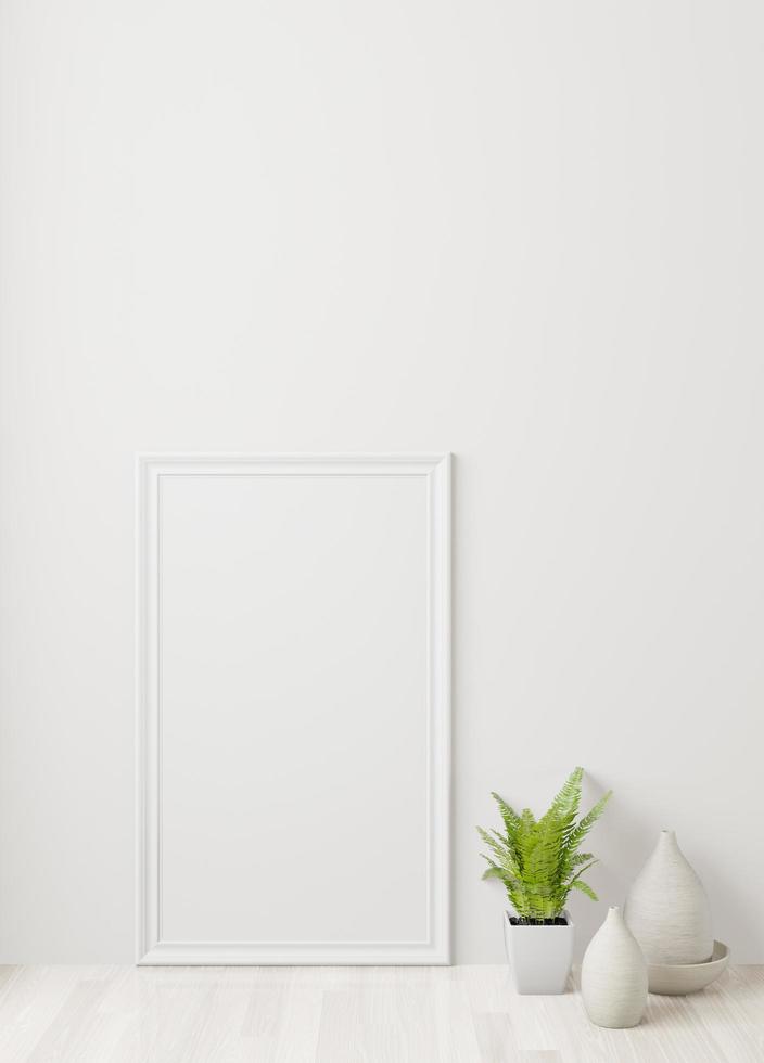 Home interior poster mock up with frame on the floor and white wall background. photo