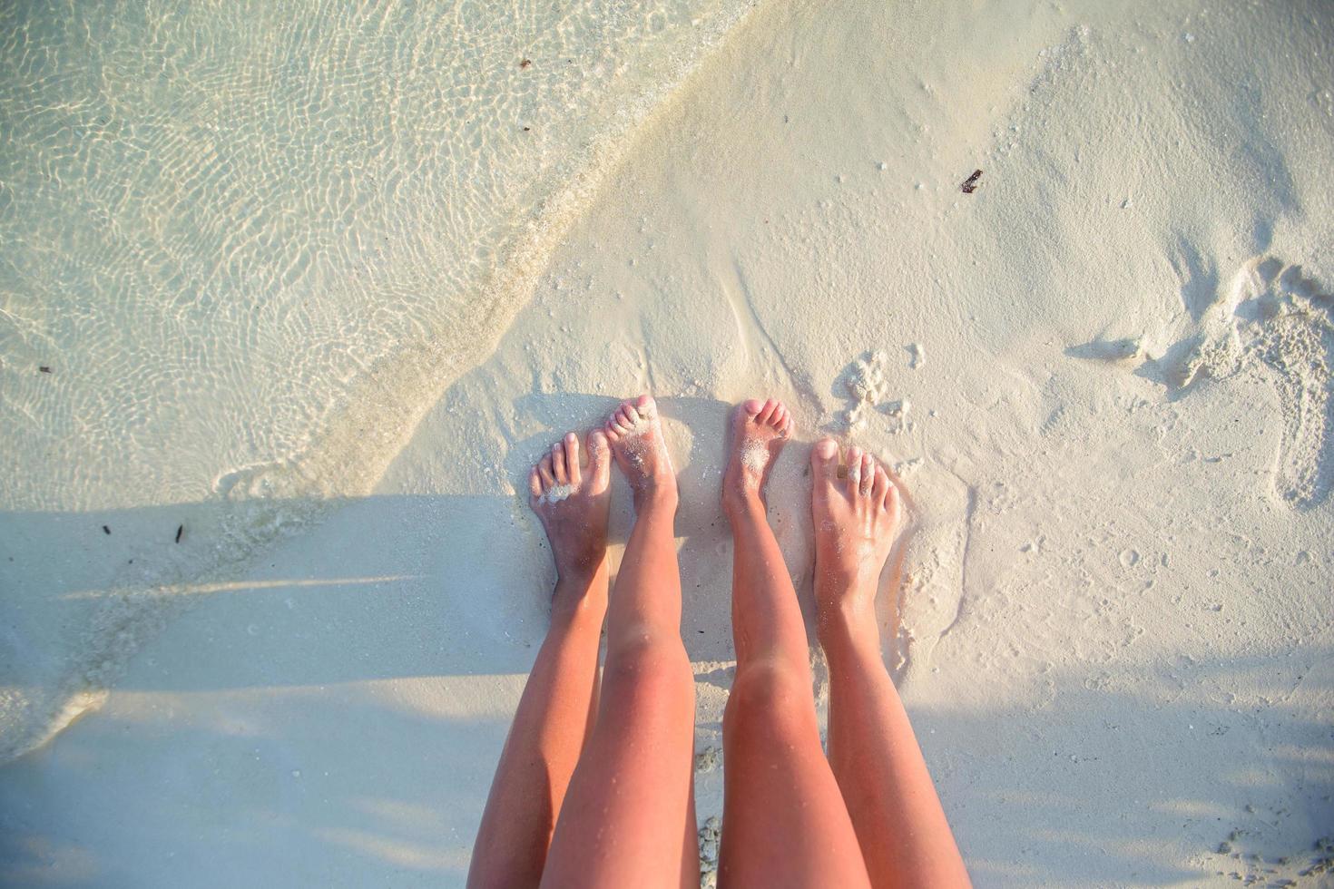 Close-up of two people's feet on a beach photo