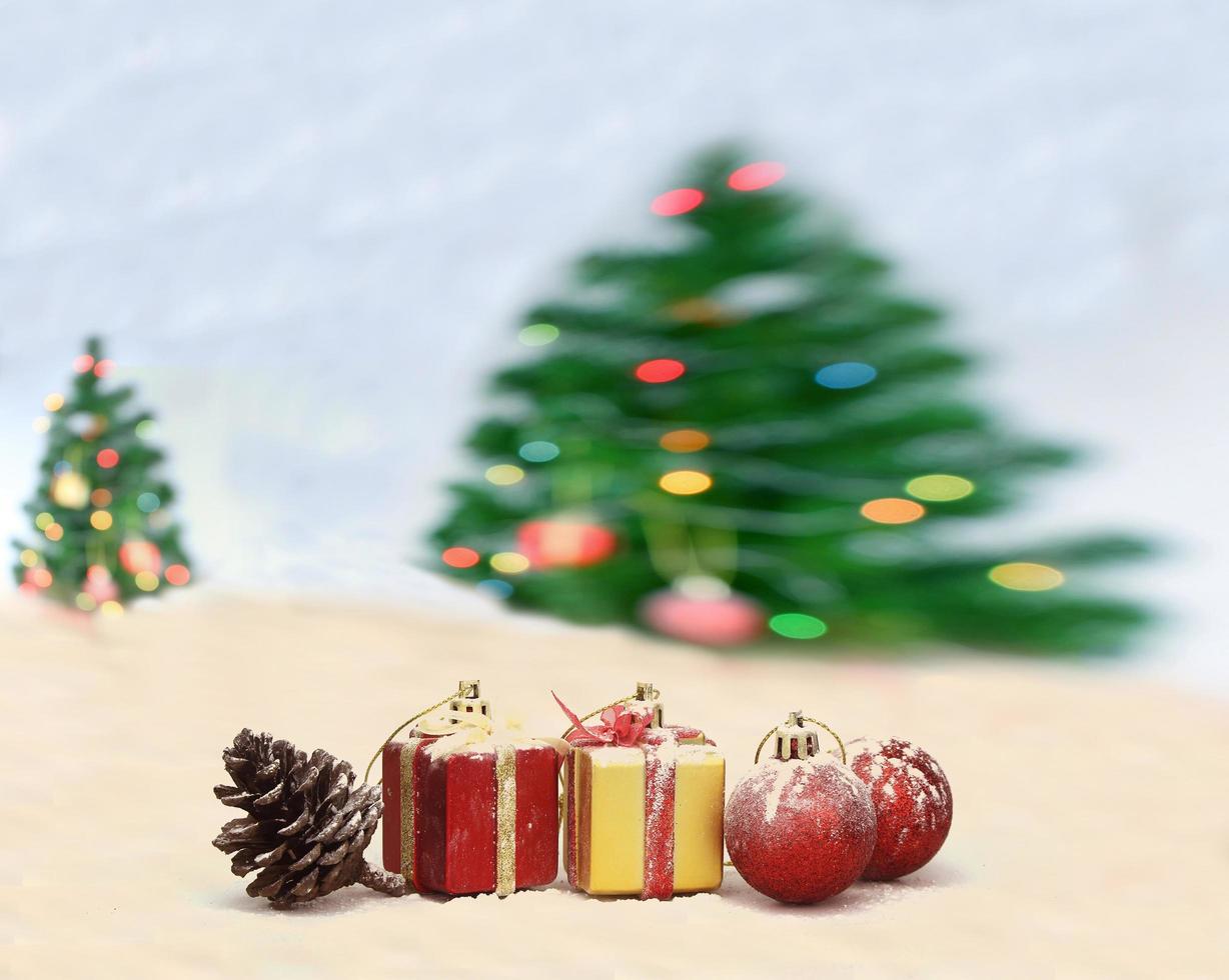 Christmas scene with blurred tree and bokeh lights background photo