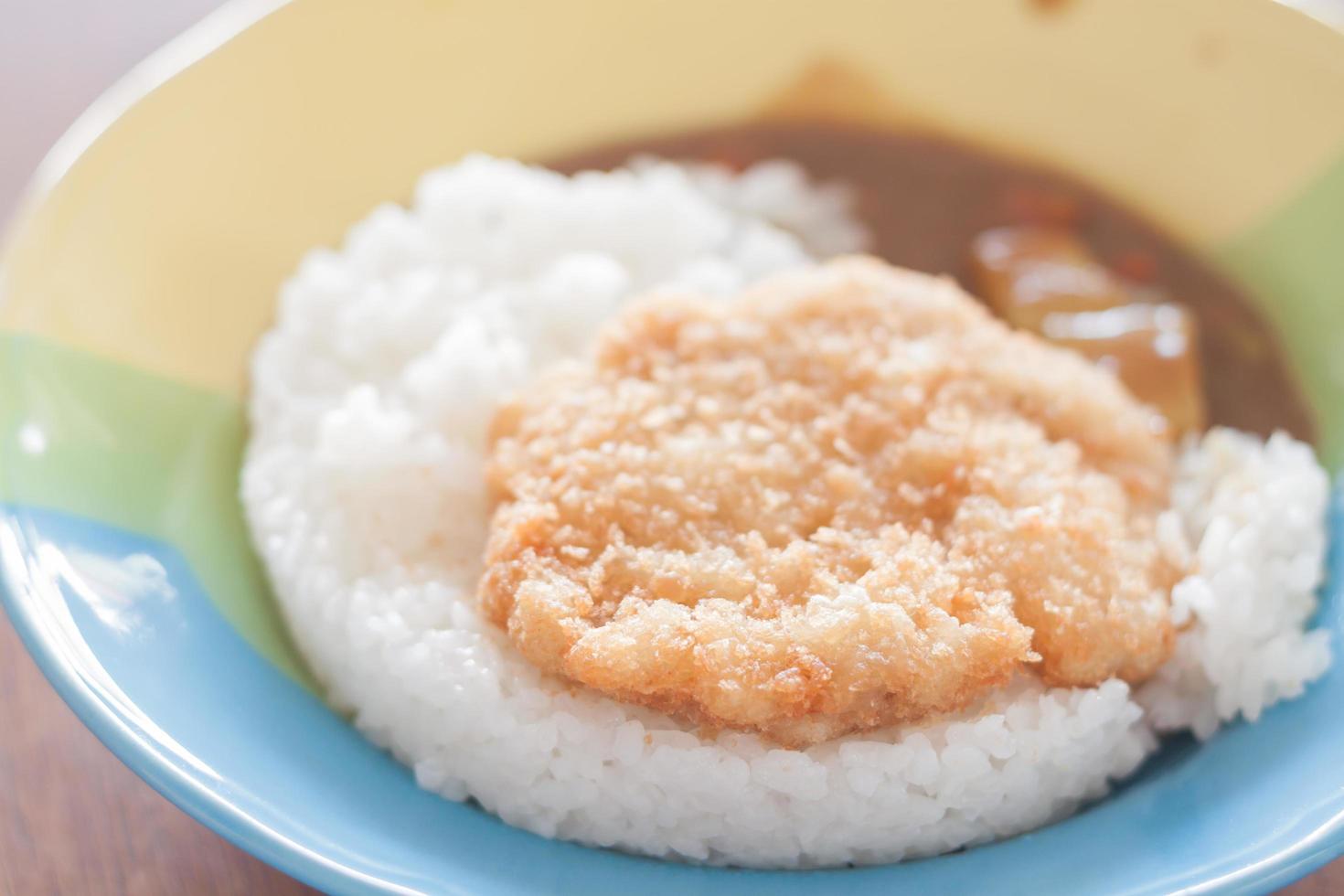 Fried pork top on of rice photo