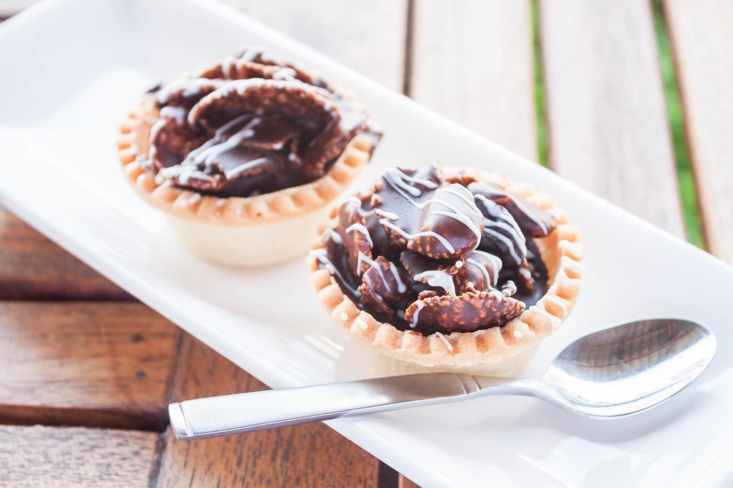 Chocolate tarts on a white plate photo