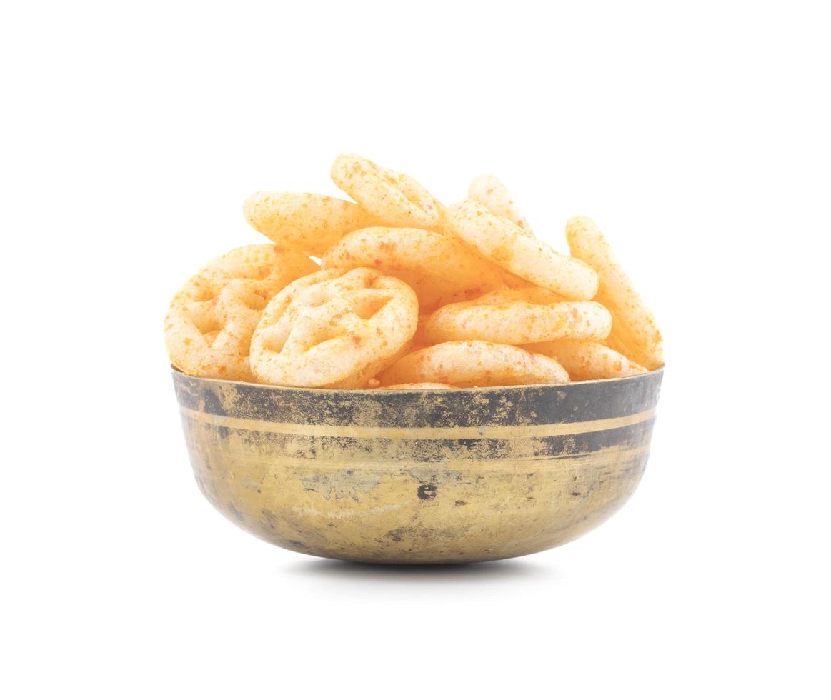 Rustic bowl of salty wheel snacks photo