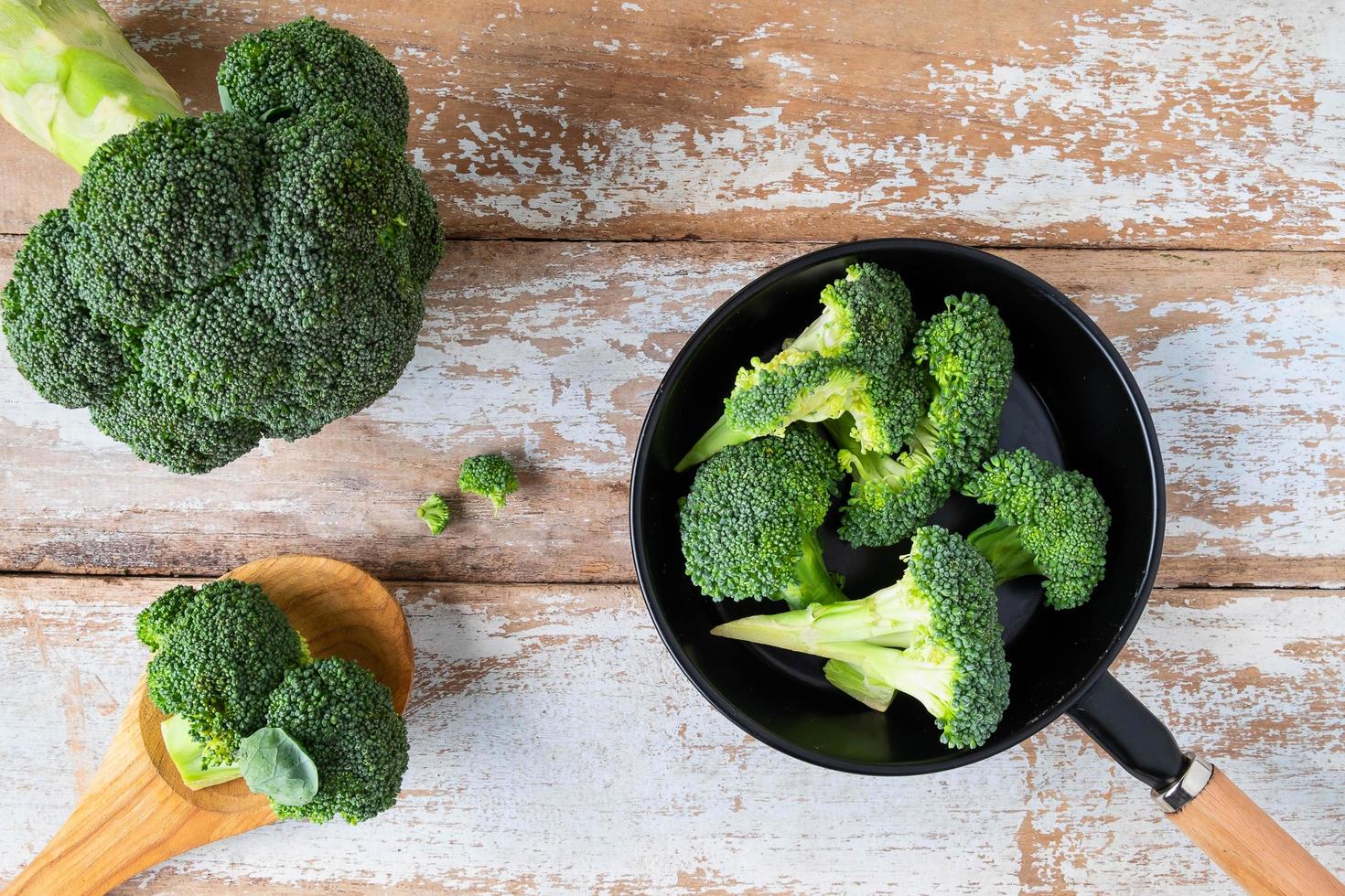 Cut broccoli in a frying pan photo