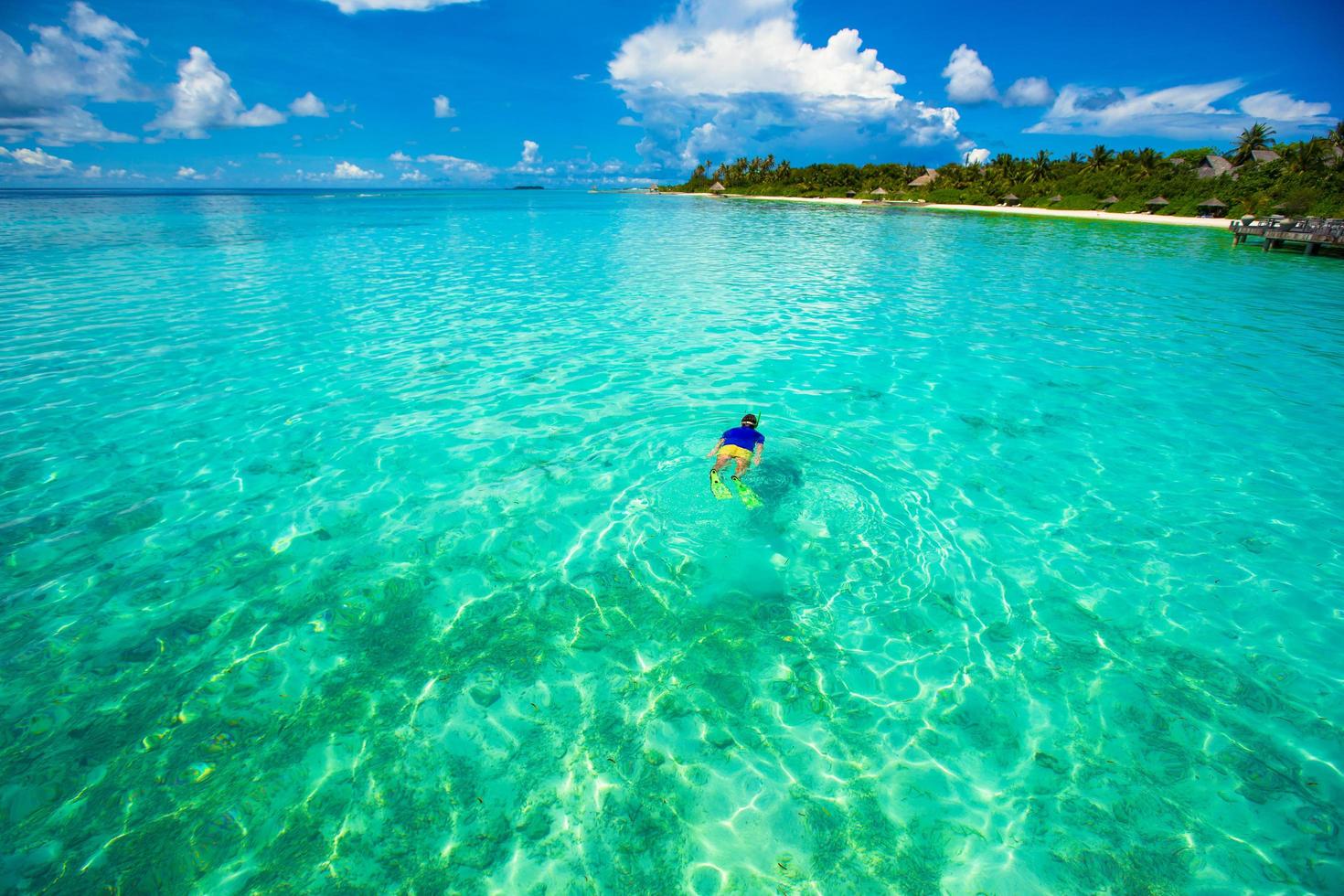 Hombre buceando en aguas tropicales claras foto