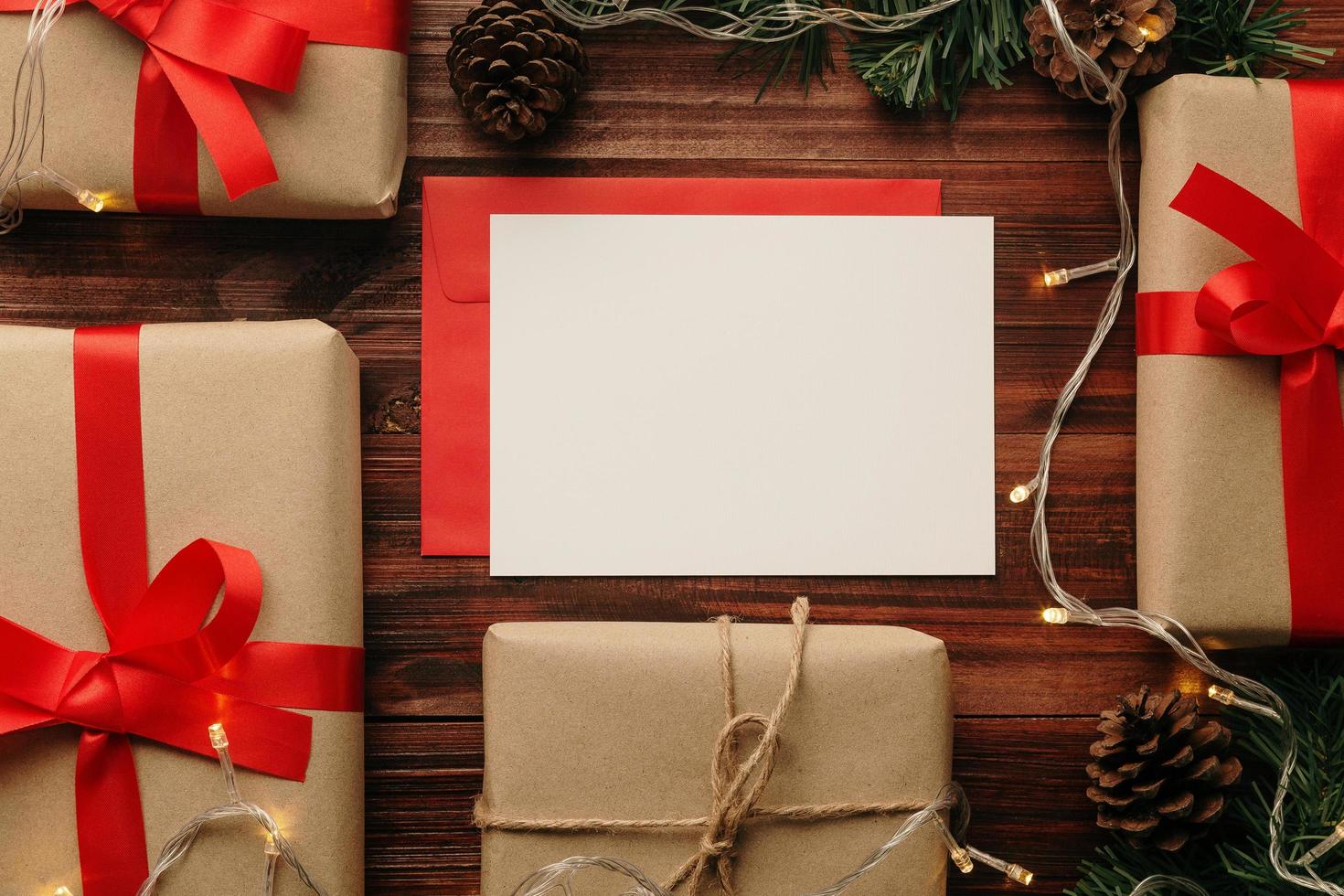 Merry Christmas greeting card and envelope mockup photo