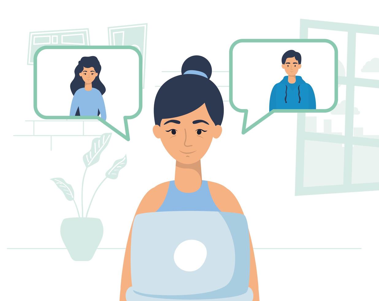 Woman using laptop for a video call at home vector