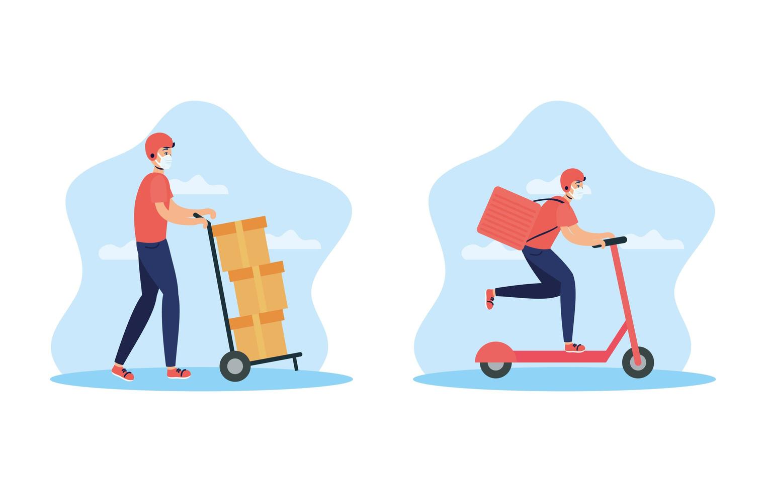 Delivery service workers with face masks vector