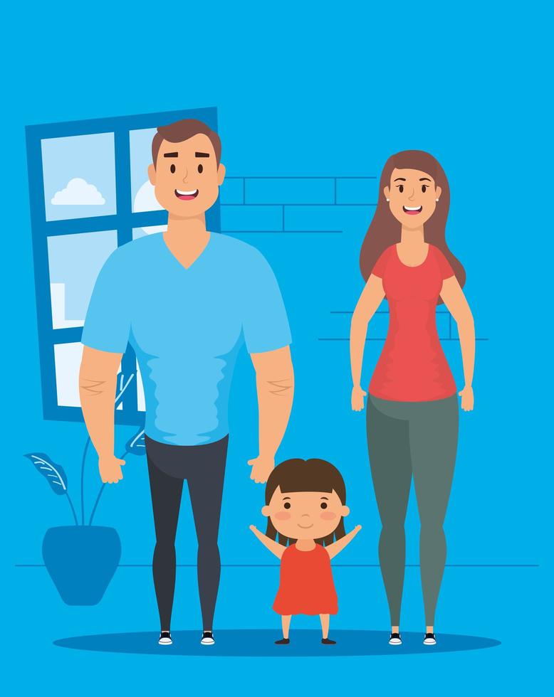 Campaña de estancia en casa con familia feliz en casa. vector