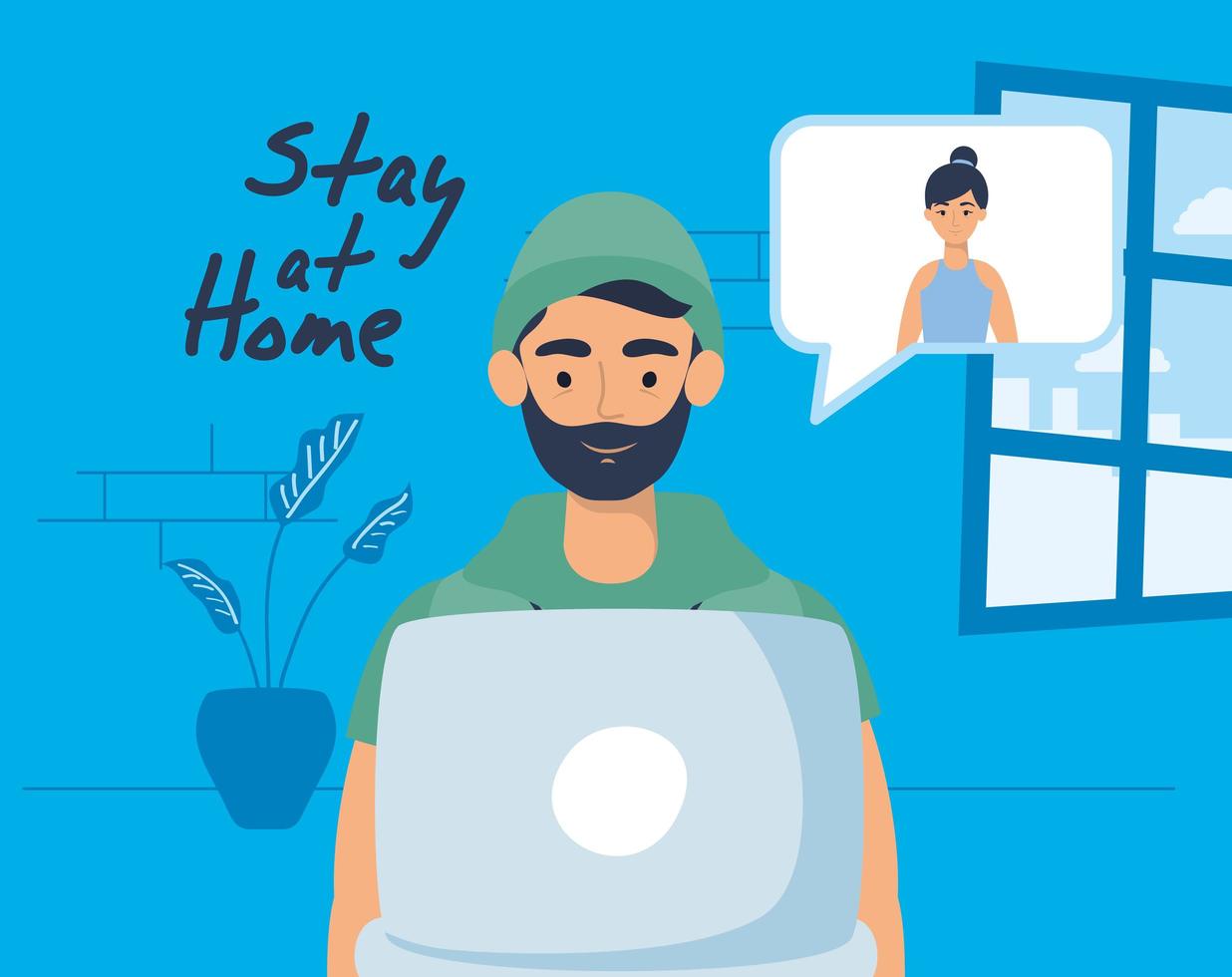 Man using laptop for a video call at home vector