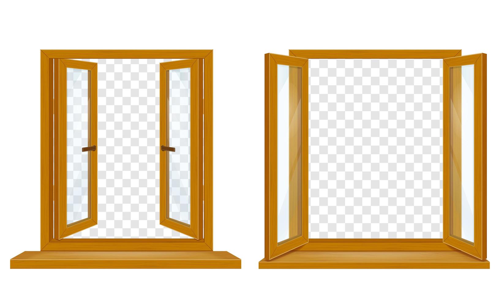 Open wooden window with transparent glass set vector