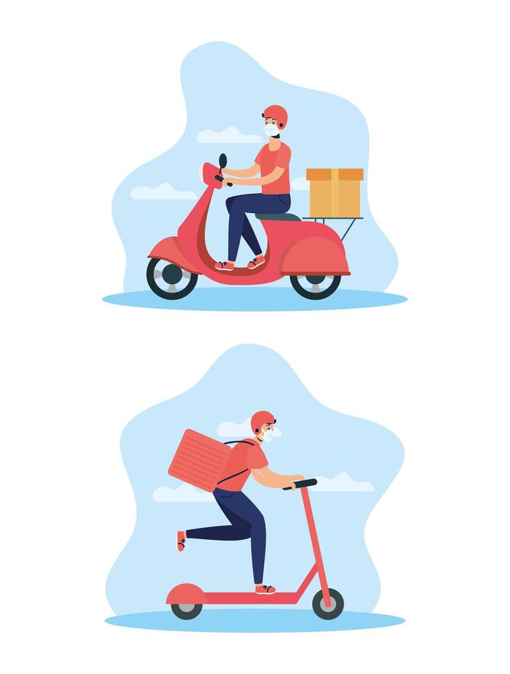 Delivery workers using face masks vector