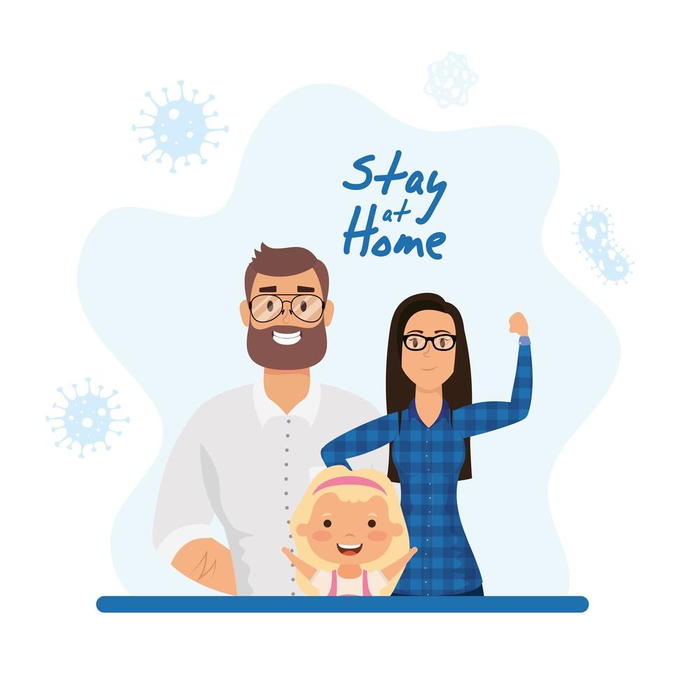 Campaña de estancia en casa con familia feliz en casa. vector