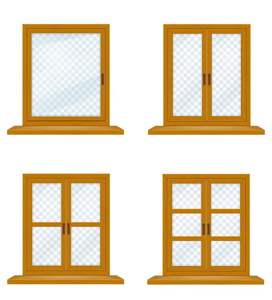 Closed wooden window with transparent glass set vector