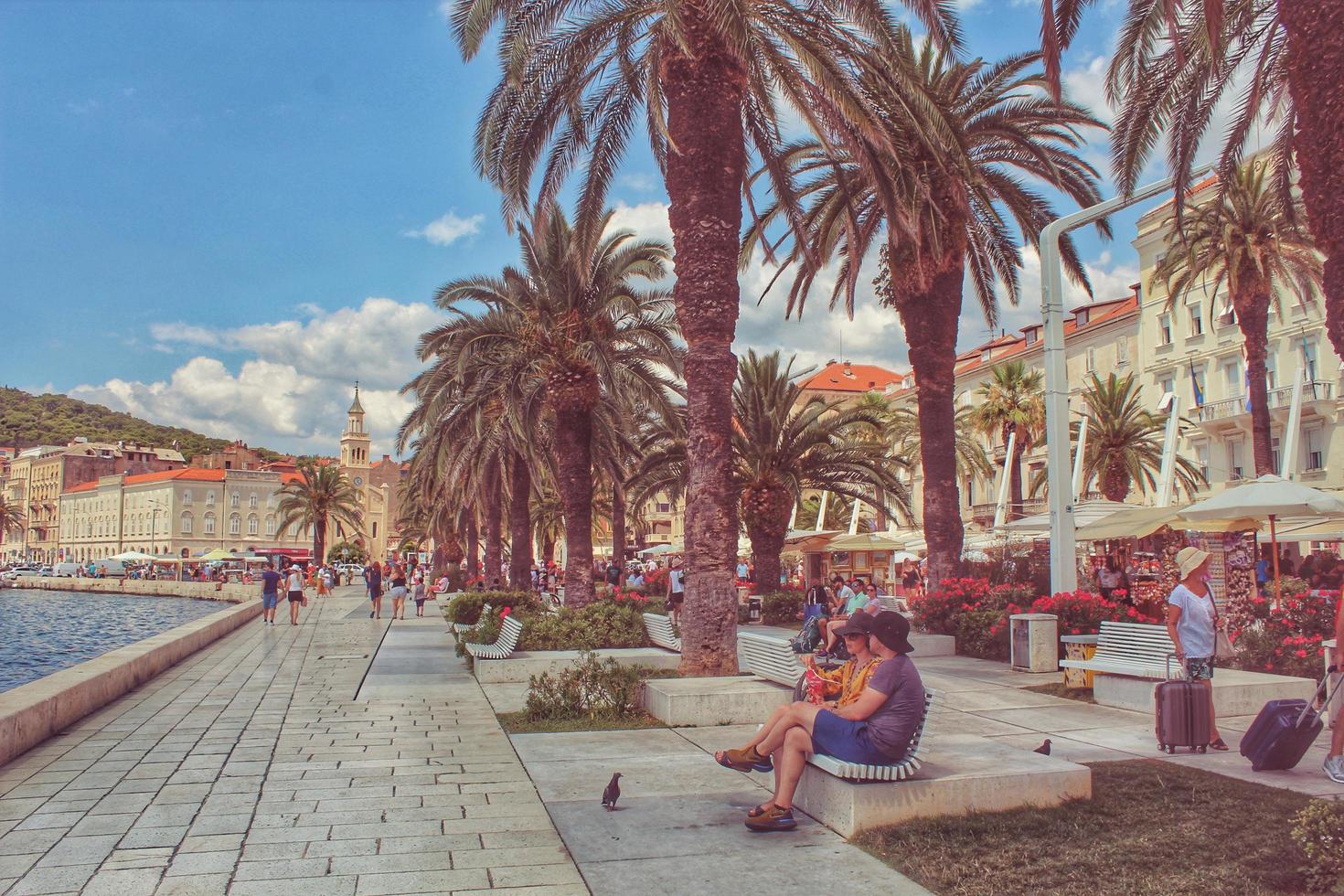 People sitting on bench near the sea photo