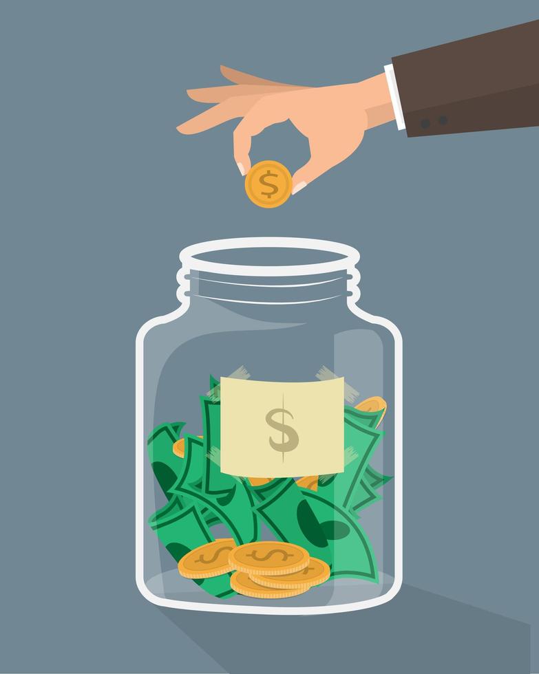 Hand putting coin in jar vector