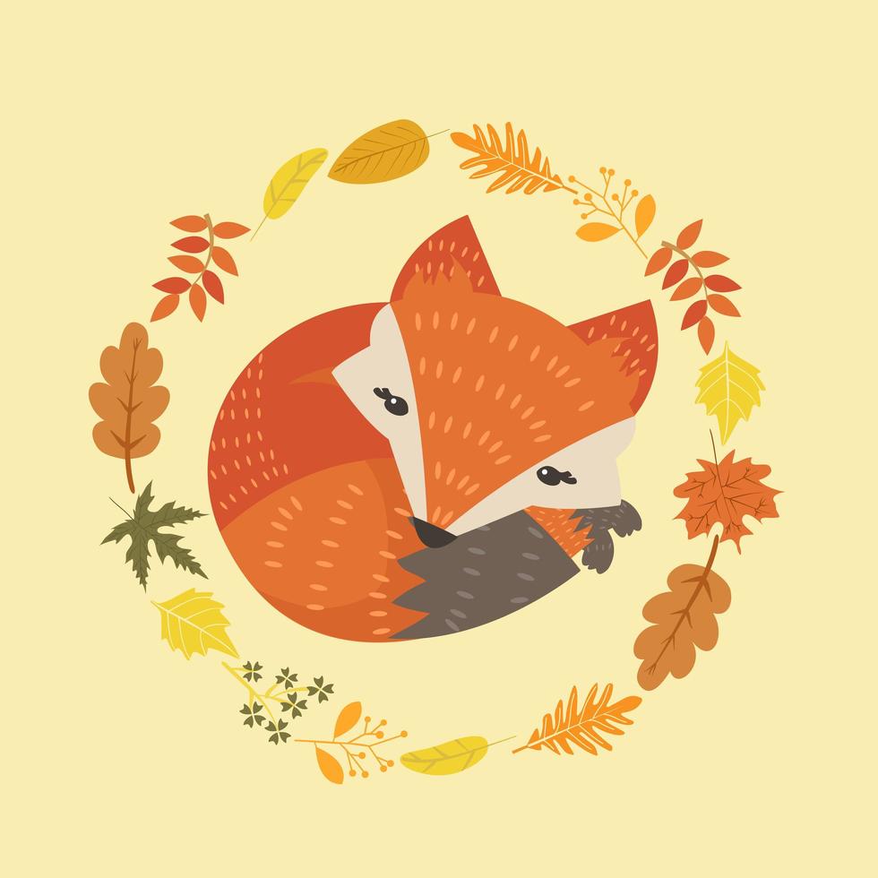 Cute fox surrounded by a ring of leaves vector