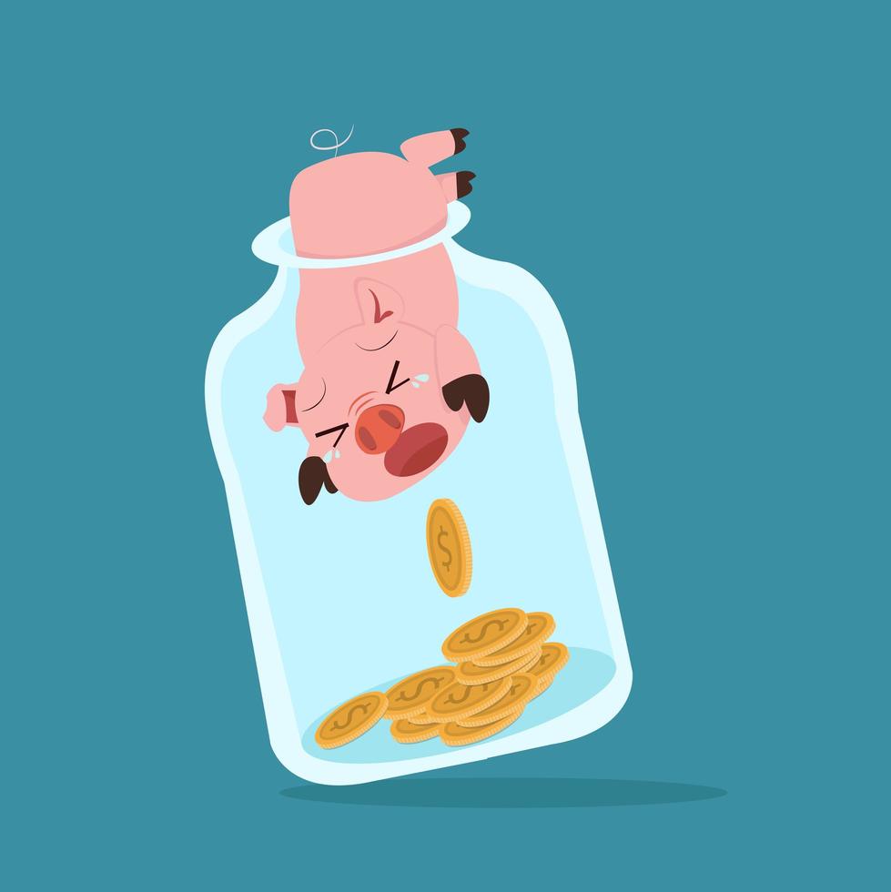 Pig crawling into a jar to get coins vector