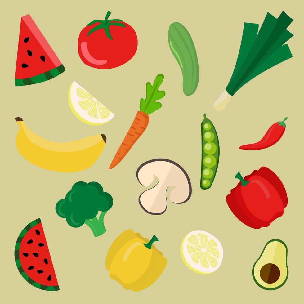 colección de coloridas frutas y verduras vector