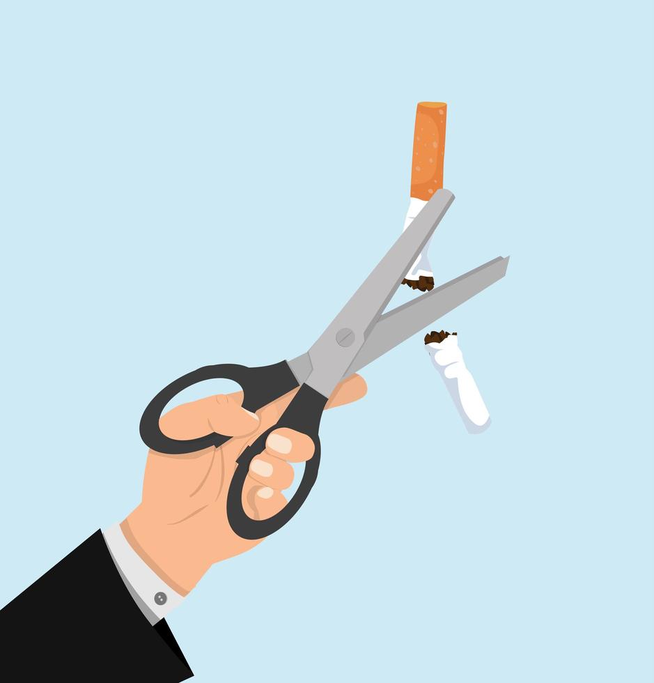 Businessman cutting a cigarette in half with scissors vector