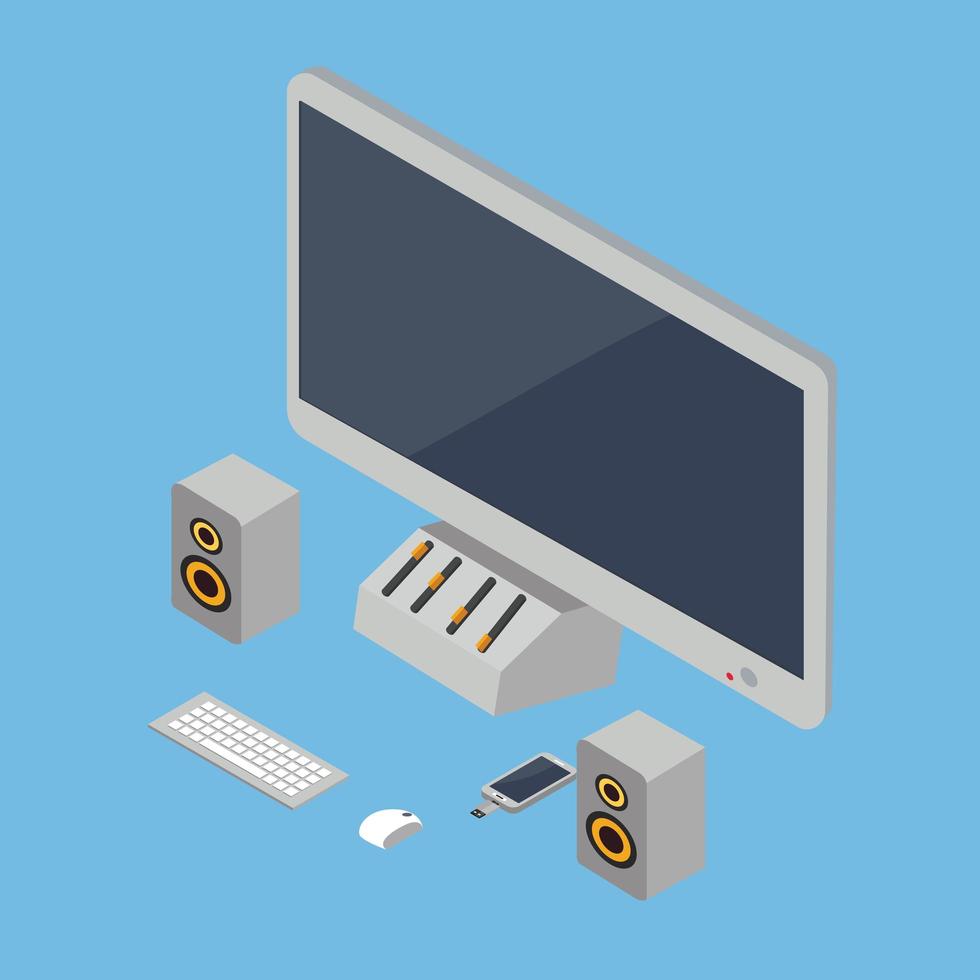 Isometric desktop computer and tech accessories vector