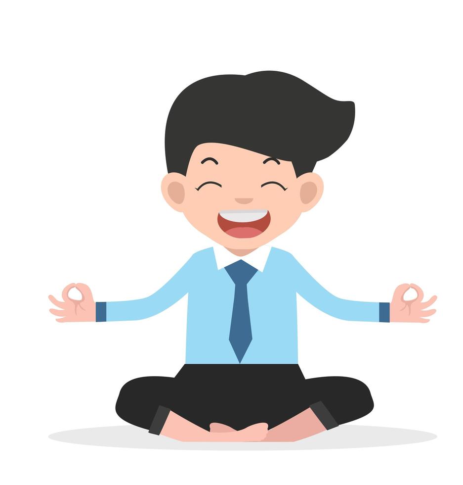 Feliz empresario meditando en pose de yoga sentado vector