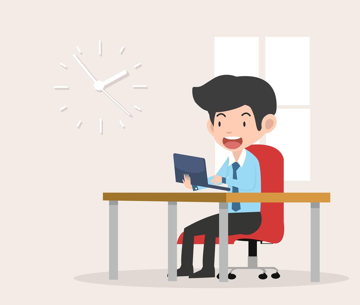 Happy businessman working on laptop in office vector