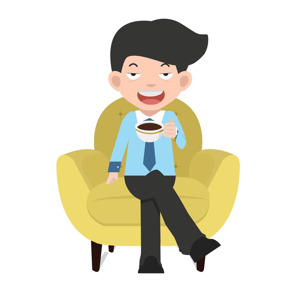 Businessman enjoying coffee in a yellow chair vector