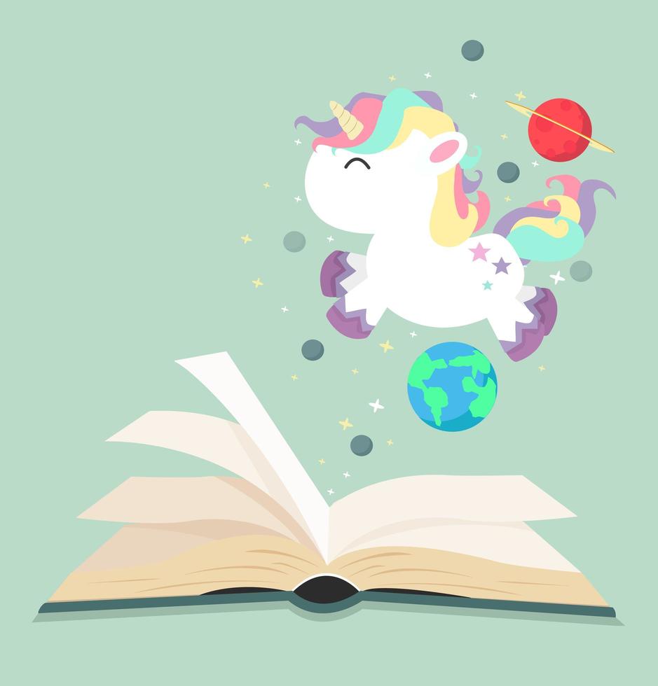 lindo unicornio volando sobre un libro abierto vector