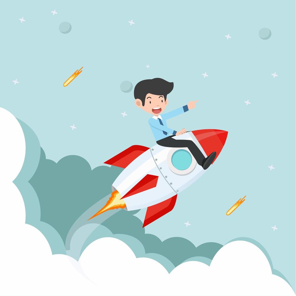 Businessman riding a rocket flying through the clouds vector