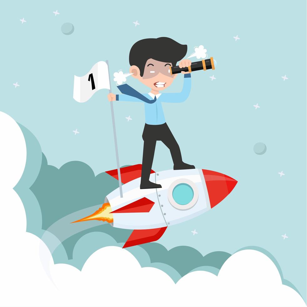 Businessman charting a course on a flying rocket vector