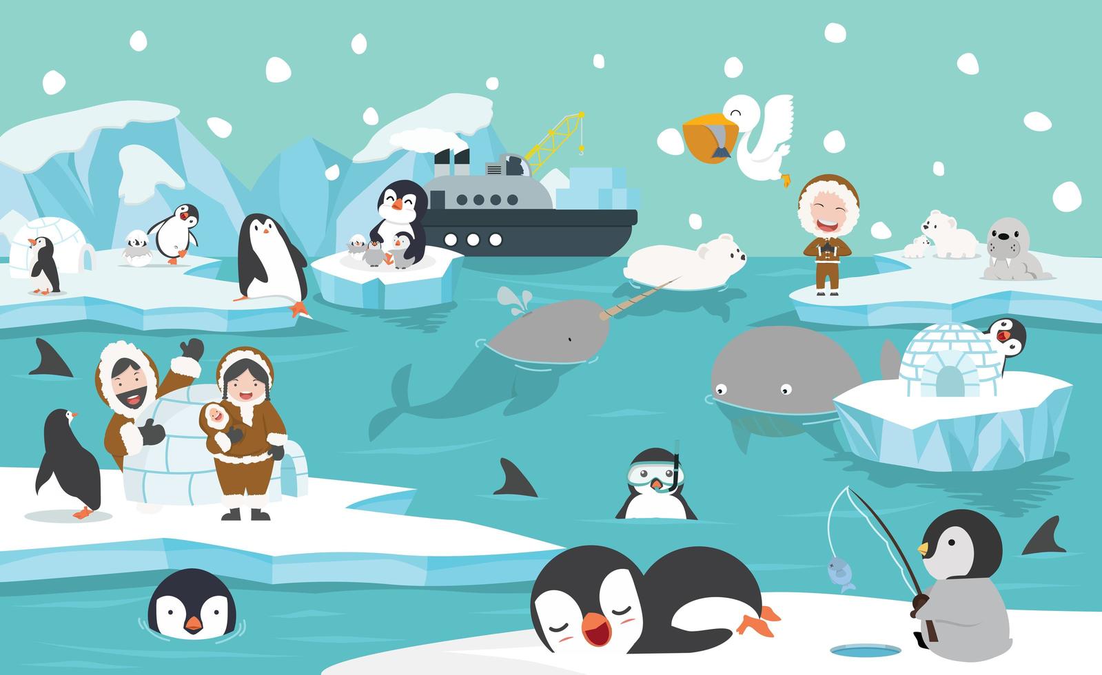 Arctic animals and people in a winter setting vector