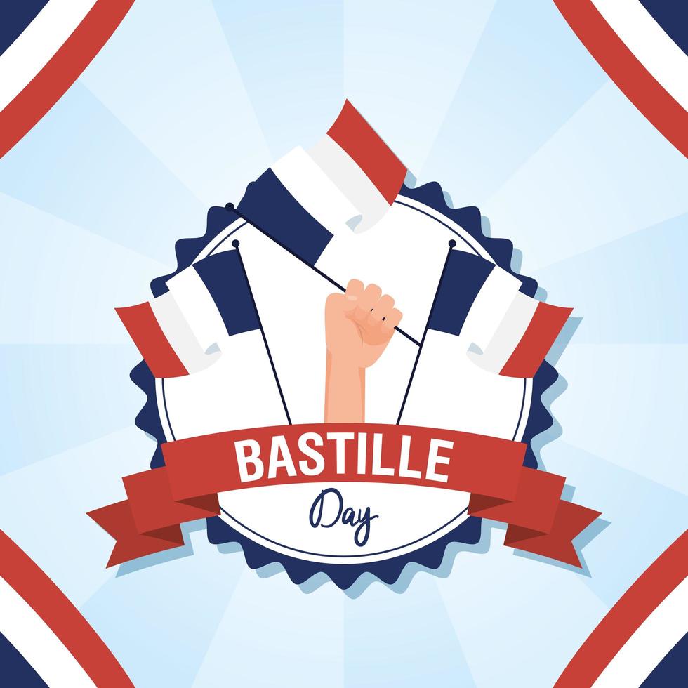 Tarjeta de celebración del día de la bastilla con iconos franceses vector