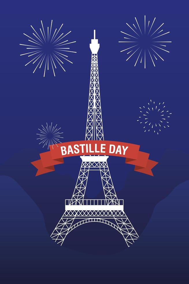 Tarjeta de celebración del día de la bastilla con iconos franceses vector