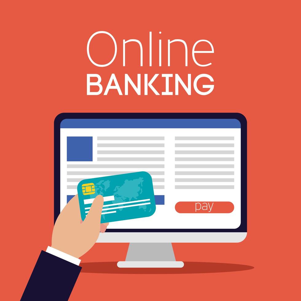 Online banking technology with desktop computer vector