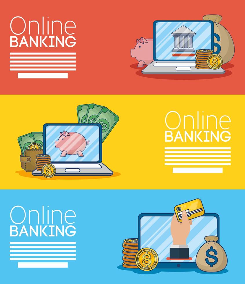 Online banking technology banner set with electronic devices vector