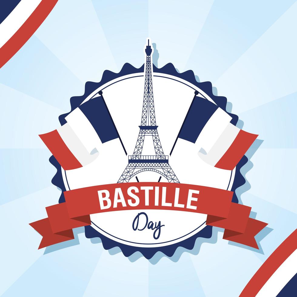 Tarjeta de celebración del día de la bastilla con iconos franceses vector