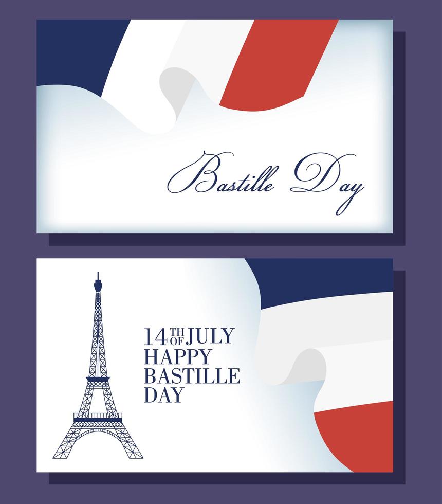 Tarjeta de celebración del día de la bastilla con iconos franceses vector