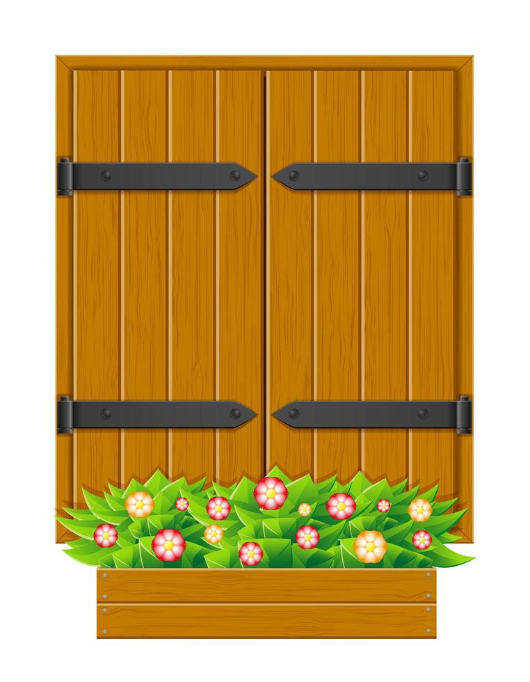 Ventana de madera con persiana cerrada con macetero vector