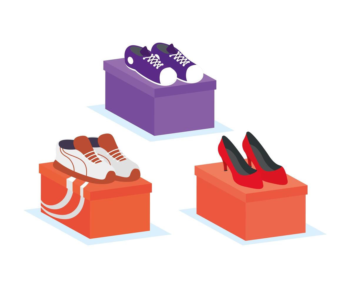 Footwear and shoes with boxes icon set vector