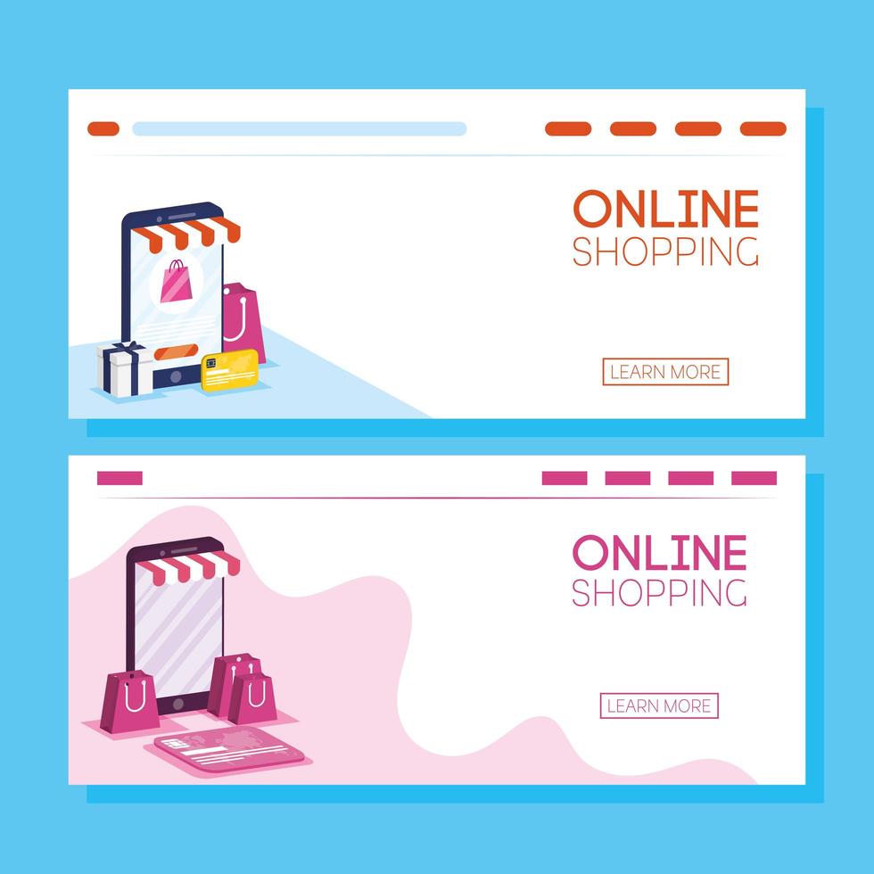 conjunto de banners de compras en línea y comercio electrónico. vector