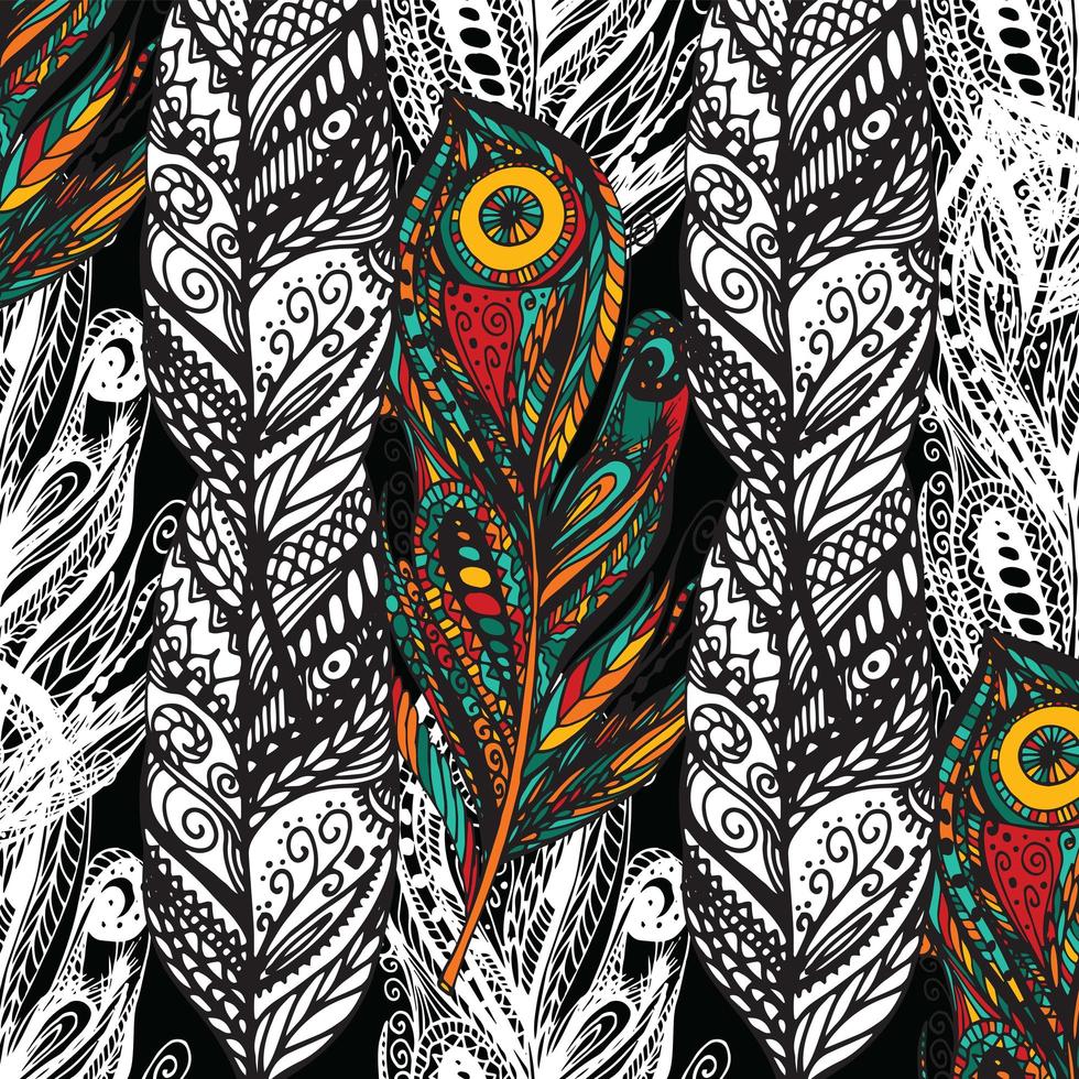 Pattern with doodle feathers vector