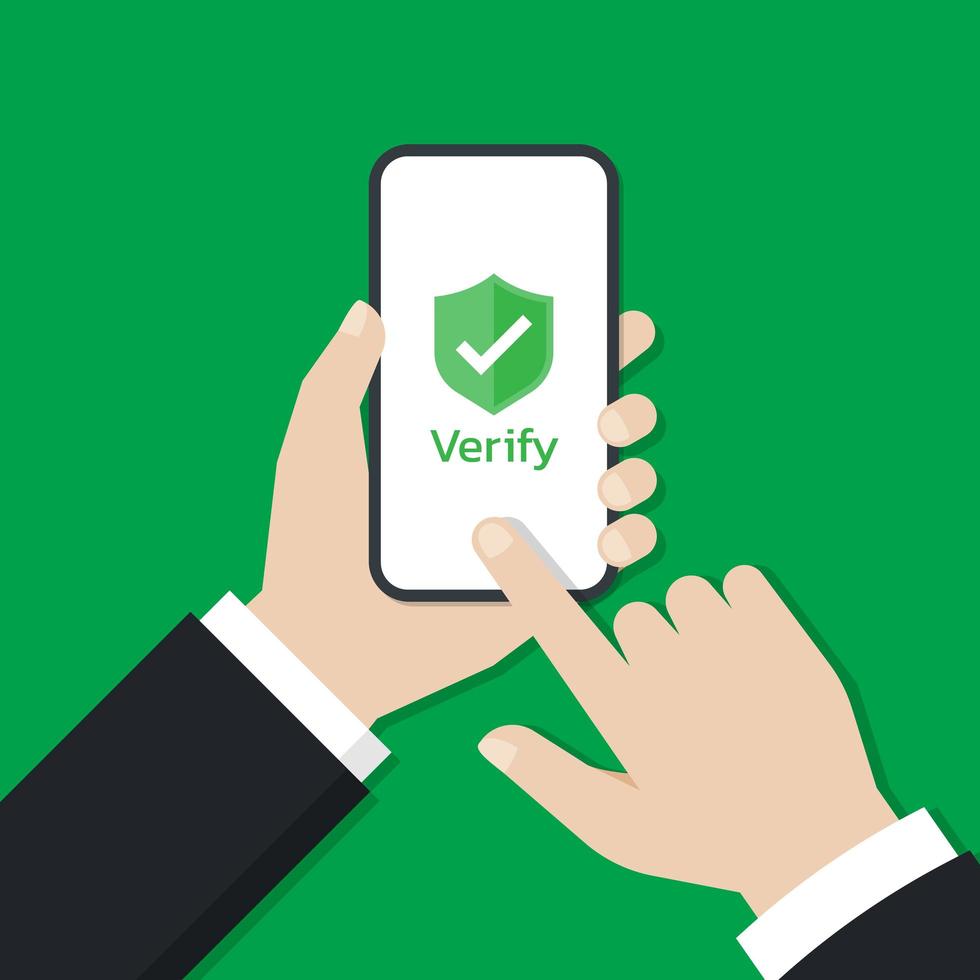 Businessman using a smartphone to tap verify button vector