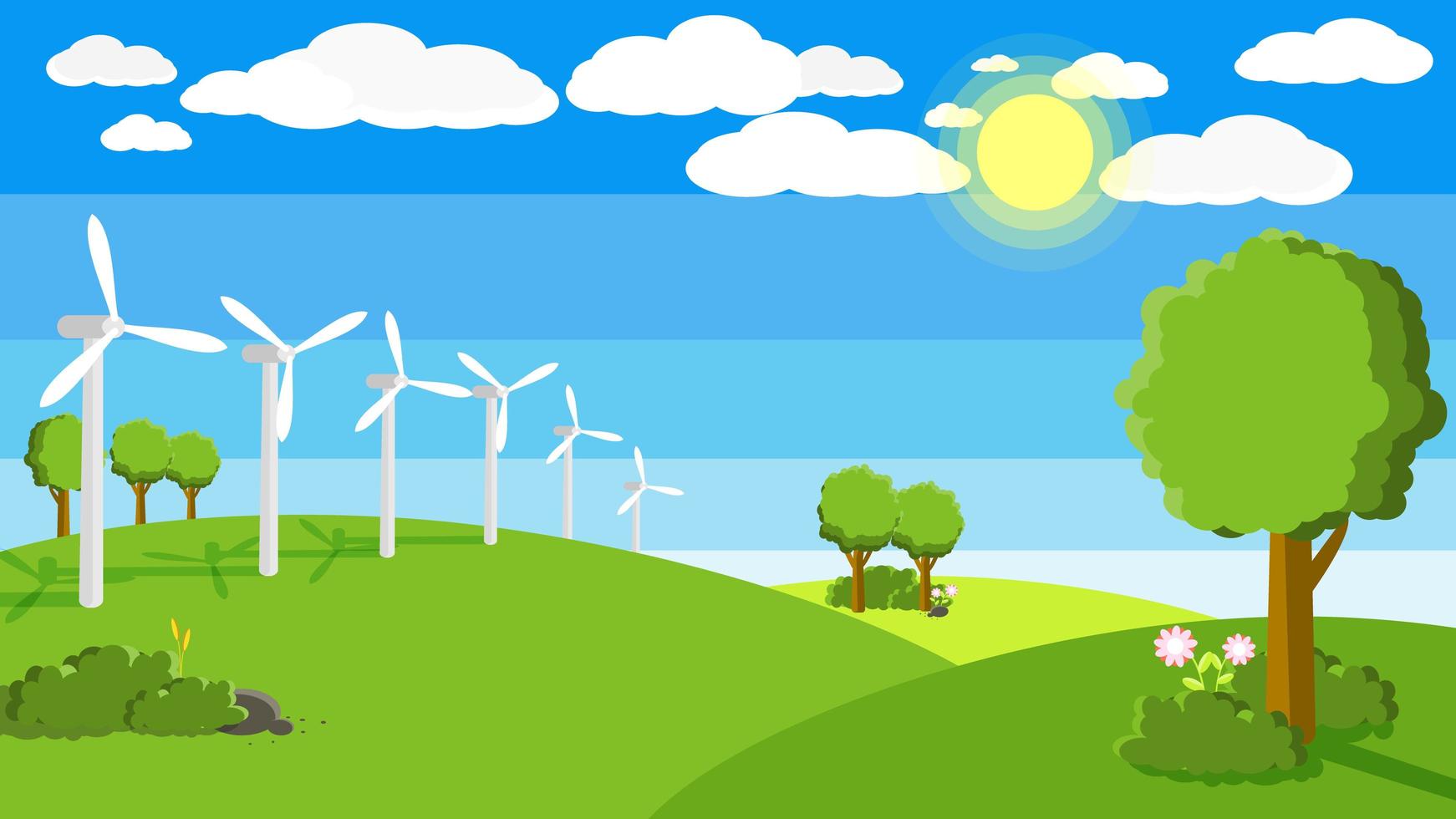 Wind turbines in green fields, natural energy concept vector