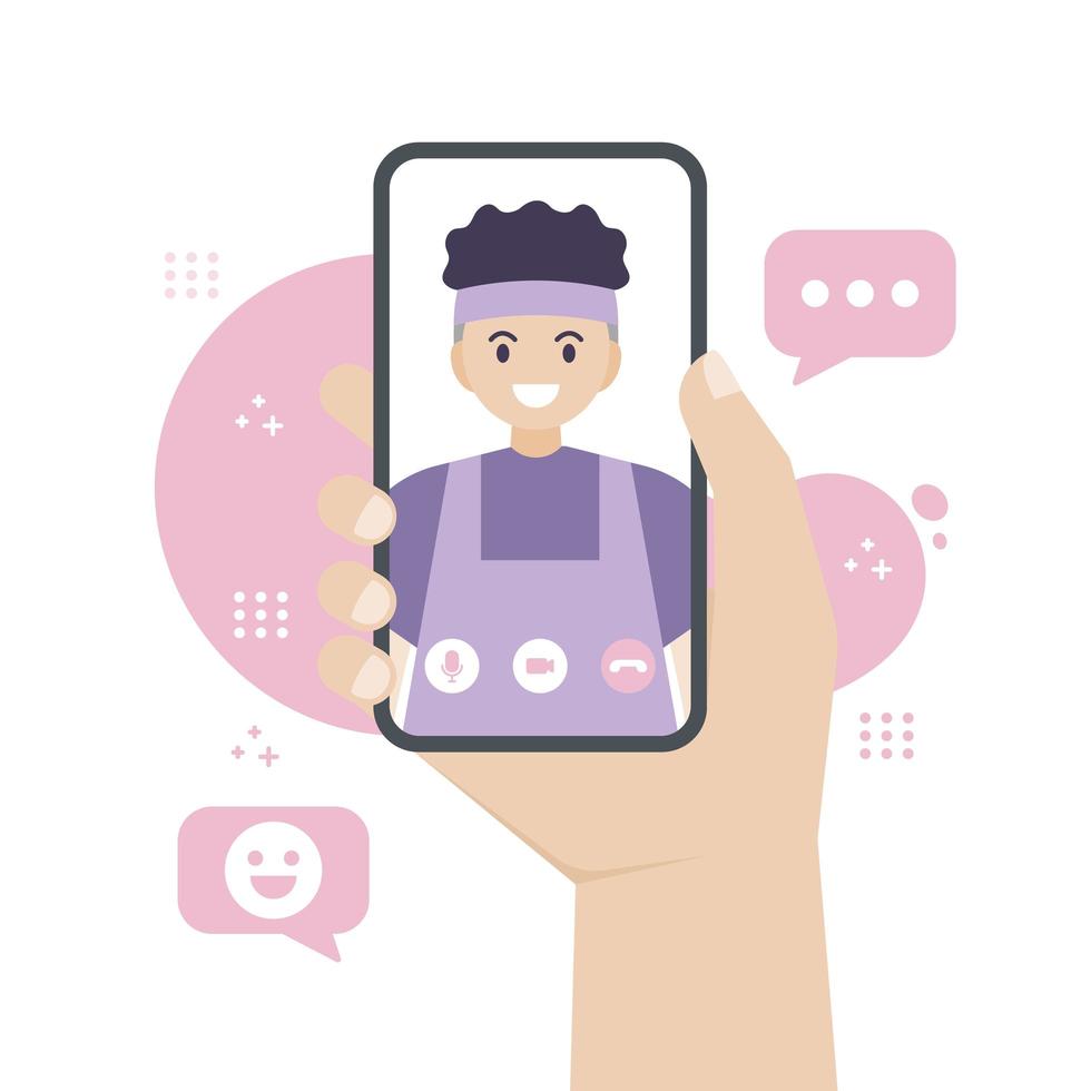 Hand holding a smartphone to do a video call vector