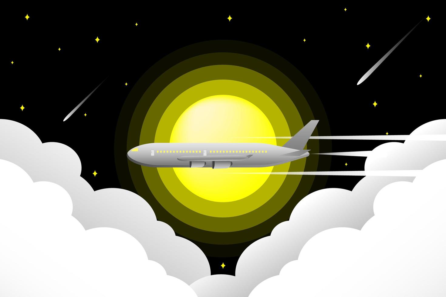 Airplane flying through night sky vector